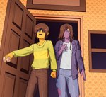 ambiguous_gender anthro bottomwear clothed clothing door dripping duo female pants raining shocked surprised torn_bottomwear torn_clothing torn_pants wet wet_clothing naughtyjester deltarune undertale_(series) kris_(deltarune) susie_(deltarune) human mammal scalie 2025 hi_res
