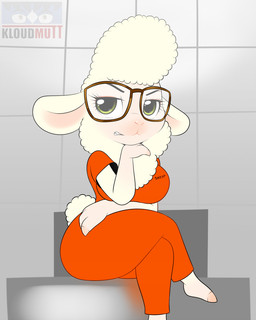 angry anthro barefoot big_breasts big_glasses breasts clothed clothing curvy_figure dungeon eyewear feet female fur glasses green_eyes looking_at_viewer orange_jumpsuit plantigrade pose prison prison_uniform prisoner rectangular_glasses sitting smile solo tight_clothing uniform voluptuous wide_hipped_female wide_hips wool_(fur) yellow_eyes kloudmutt disney zootopia dawn_bellwether bovid caprine domestic_sheep mammal sheep 2016 4:5 hi_res
