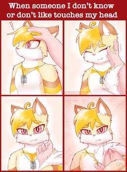 4_panel_comic ambiguous_gender annoyed anthro blonde_hair border broken_arm broken_bone brown_body brown_fur cheek_tuft dog_tags duo exclamation_point eyebrows eyes_closed facial_tuft first_person_view fur hair hand_on_cheek headpat human_pov looking_at_viewer male narrowed_eyes raised_eyebrow red_border red_eyes smile snaggle_tooth surprised tail tail_around_arm tail_tuft text tuft violence white_body white_fur wounded yellow_body yellow_fur tasticstarlight talia_(tasticstarlight) domestic_cat felid feline felis human mammal artist_name comic english_text hi_res meme