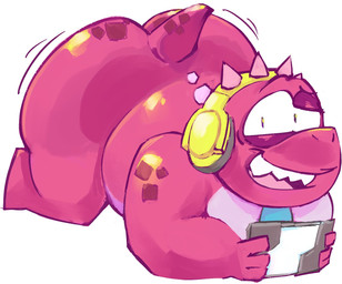 accessory anthro big_butt butt electronics headphones male necktie open_mouth overweight overweight_male pink_body simple_background solo tablet_computer tail white_background ghostasma gameoverse glitch_productions gobbles_(gameoverse) dinosaur prehistoric_species reptile scalie 2026