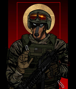 armor blue_eyes bulletproof_vest camo camo_print clothing combat_gear eyewear goggles goggles_on_headwear gun halo headgear helmet holding_gun holding_object holding_ranged_weapon holding_weapon intense_stare kit_grishaw light lobotomizeriv military military_helmet military_uniform muscular ranged_weapon reflection religious_gesture religious_symbol shaded_face soldier solo standing sunlight sunset uniform warrior weapon krampuzzz krampuzzzda united_states_marine_corps canid canine canis dobermann domestic_dog mammal pinscher half-length_portrait portrait