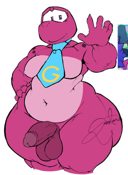 accessory anthro balls genitals humanoid_genitalia humanoid_hands humanoid_penis male navel necktie penis pink_body slightly_chubby solo standing freeposers_(artist) gameoverse glitch_productions gobbles_(gameoverse) dinosaur prehistoric_species reptile scalie 2026 absurd_res hi_res