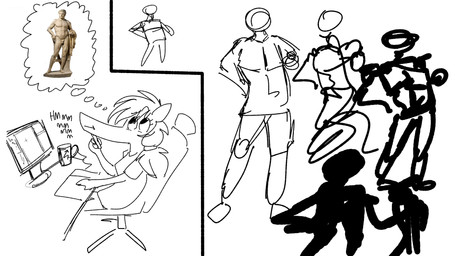anthro computer electronics female genitals male penis sculpture statue thinking thought_bubble thoughtful_expression two_panel_image replica_(artist) replica_(oc) equid equine horse human mammal pony 16:9 comic hi_res restricted_palette sketch widescreen