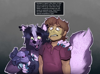 anthro brown_eyes claws clothing derp_eyes duo fangs female finger_claws fluffy fluffy_tail fur gradient_background green_eyes grey_background hair holding_object holding_toy male open_mouth open_smile purple_body purple_fur purple_hair red_clothing red_shirt red_topwear shirt short_hair simple_background smile tail teeth text tongue topwear toy sharkrags gundam dizzi_(sharkrags) human mammal mephitid skunk english_text hi_res shaded