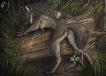 anatomically_correct animal_genitalia animal_vulva anthro bodily_fluids bound canine_genitalia canine_vulva chain clawing claws digitigrade ears_back female forest fur genital_fluids genitals grass green_eyes grey_body grey_fur inner_ear_fluff lock log long_claws looking_back nude outside padlock pivoted_ears plant solo tree tuft vaginal_fluids vulva wood lizet mythology vera_(lizet) canid canine canis mammal mythological_canine mythological_creature werecanid werecanine werecreature werewolf wolf 2019