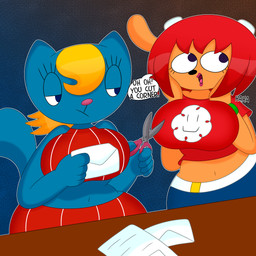 anthro belly big_breasts blonde_hair blue_background blue_body blue_eyes blue_fur breasts brown_body brown_fur clothing crop_top curvy_figure dialogue duo envelope eyelashes female fingers fur hair horn hourglass_figure huge_breasts humor joke lips midriff navel red_hair scissors shirt simple_background slightly_chubby smile standing tank_top text thick_thighs tongue topwear voluptuous wide_hips 3barts parappa_the_rapper sony_corporation sony_interactive_entertainment um_jammer_lammy katy_kat lammy_lamb bovid caprine domestic_cat felid feline felis mammal sheep 1:1 2021 absurd_res digital_media_(artwork) english_text hi_res