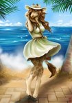 anthro beach brown_body brown_fur brown_hair clothing cloud dress female fur furgonomic_hat furgonomic_headwear furgonomics green_eyes hair hat headgear headwear hooves horn looking_at_viewer markings open_mouth ossicone palm_tree plant pose purse sand satchel sidewalk sky solo spots spotted_markings sun_hat sundress tail tail_tuft tan_body tan_fur tree tuft wind tanutanuki gracey_halvenka giraffe giraffid mammal 2019