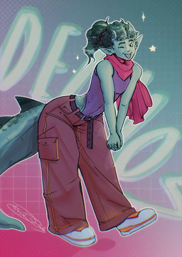 alternative_fashion ambiguous_gender belt bottomwear clothing green_body leotard oversized_bottomwear oversized_clothing oversized_pants pants scarf solo bigoldoinks art_fight artfight2026 mythology dragon mythological_creature mythological_scalie scalie hi_res