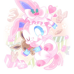anus berry blep blue_eyes blue_inner_ear blush bow_accessory bow_ribbon box chibi container cookie facial_crest female feral floppy_ears flower food fruit genitals gift_box heart_symbol holding_object leaf one_eye_closed pastry pawpads pie_(food) pink_pawpads plant present_box ribbons ribbons_(anatomy) small_nose solo text tongue tongue_out vulva white_body wink waruwaru0205 nintendo pokemon eevee eeveelution generation_1_pokemon generation_6_pokemon pokemon_(species) sylveon 1:1 2025 colored digital_drawing_(artwork) digital_media_(artwork) hi_res pastel_theme translation_request