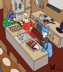 anthro christmas_clothing christmas_headwear clothing crossgender female ftm_crossgender fur group hat headgear headwear holiday_clothing holidays kitchen kitchen_utensils male mtf_crossgender preparing_food smile tail tools wolfbaloo christmas nintendo star_fox falco_lombardi fox_mccloud krystal_(star_fox) mammal digital_media_(artwork) hi_res