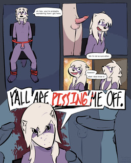 4_toes angry annoyed anthro bdsm biped black_eyes bodily_fluids bondage bound brown_body brown_fur chair chair_bondage dialogue erection facial_markings feet forced forced_exposure freckled_face freckles front_view fur furniture genderfluid genital_fluids genital_focus genitals group hair head_markings humanoid_genitalia humanoid_penis leg_markings long_hair looking_at_another looking_at_viewer male markings mask_(marking) multicolored_body multicolored_fur navel nude nude_anthro open_mouth open_smile penis precum profanity purple_body purple_fur restrained simple_background sitting smile socks_(marking) solo_focus speech_bubble standing tail teeth text toes tongue white_body white_fur yelling borealhao conditional_dnp lamapola vinea_(lamapola) domestic_ferret mammal mustelid musteline true_musteline weasel 2026 4:5 absurd_res comic digital_media_(artwork) english_text hi_res