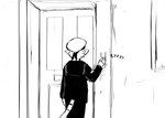 2024 anthro black_and_white comic domestic_cat door doorbell felid feline felis hi_res hladilnik male mammal monochrome rear_view ringing_doorbell sailor_uniform ship's_catboy_(hladilnik) solo