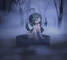 ahoge anthro arm_wraps big_breasts breasts collar cute_fangs dead_tree dirty eye_bags fangs female fog forest green_hair hair leaning leaning_forward long_hair looking_at_viewer natural_breasts navel nipples nude nude_female plant smile solo teeth text tree ventral_groove vhs_filter well wraps e254e the_ring dorotty_(e254e) canid canine canis domestic_dog mammal absurd_res english_text hi_res
