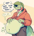 ambiguous_gender ambiguous_prey anthro belly belly_hair big_belly body_hair clothing eyewear glasses heart_symbol jacket male male_pred navel overweight rumbling_stomach thick_thighs topwear vore wide_hips eyeseedee chris_(eyeseedee) lizard reptile scalie 2024