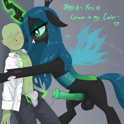 animal_genitalia animal_penis balls black_body black_penis bodily_fluids bottomwear bulge clothed clothing crossgender dripping duo equine_genitalia equine_penis erection feral flared_penis ftg_crossgender fti_crossgender genital_fluids genitals green_body green_penis green_skin grin gynomorph gynomorph/male intersex intersex/male looking_at_another magic male medial_ring open_bottomwear open_clothing open_pants open_shirt open_topwear pants penis precum precum_drip quadruped shirt smile text topwear underwear white_clothing white_shirt white_topwear t72b friendship_is_magic hasbro my_little_pony anon queen_chrysalis_(mlp) changeling_(mlp) human mammal 1:1 2025 absurd_res english_text hi_res