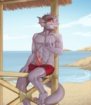 anthro beach beckoning bent_legs boxers_(clothing) canopy claws clothed clothing detailed_background erection gazebo genitals gesture gills grey_body half_naked hand_on_leg horn lizard_tail male multi_horn panties panties_down partially_clothed penis red_boxers red_clothing red_eyes red_underwear sea sitting sitting_on_fence sky slim smile solo teeth tongue tongue_out underwear underwear_down water catfish_(artist) space_station_13 zink_shan fish lizard marine reptile scalie unathi full-length_portrait portrait