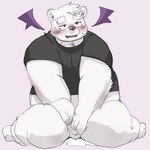 anthro balls black_nose blush bodily_fluids clothing cum genital_fluids genitals kemono male overweight overweight_male penis shirt simple_background sitting solo topwear white_body moujya bear mammal 2024 hi_res