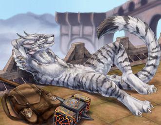 4_ears anthro backpack biped casual_nudity claws eyes_closed featureless_crotch female flat_chested hammer hands_behind_head horn lying maul melee_weapon multi_ear nude on_back reclining relaxing solo tools weapon sabretoothed_ermine guild_wars charr felid mammal 2013
