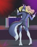 anthro blonde_hair blue_body blue_fur butt dancing dipstick_ears ear_markings female fur genitals hair multicolored_ears nude pussy rear_view solo tail commandercross charity_cross canid canine canis mammal wolf absurd_res hi_res