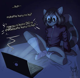 5_fingers anthro bed bottomwear breasts brown_hair camel_toe clothed clothing computer dark electronics eyebrows eyelashes eyewear female fingers footwear furniture glasses hair jacket laptop legwear nerd on_bed panties partially_clothed pattern_bottomwear pattern_clothing pattern_panties pattern_underwear sitting small_breasts socks solo spread_legs spreading striped_bottomwear striped_clothing striped_panties striped_underwear stripes text topwear underwear watching_television white_clothing white_footwear white_legwear white_socks zipper sevsartcave araceli_sepulveda mammal procyonid raccoon 2019 absurd_res hi_res