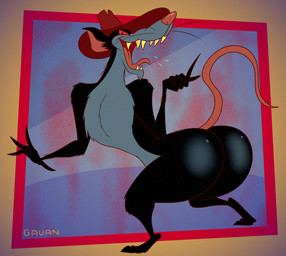 3_toes 4_fingers abstract_background anthro arm_tuft big_butt biped black_body black_fur bodily_fluids bubble_butt butt cheek_tuft chest_fur chest_tuft chin_tuft clothing curling_tail devious devious_grin elbow_tuft evil_grin facial_tuft fangs fedora feet fingers fluffy fluffy_chest fur glance glistening glistening_butt grey_body grey_fur hat hat_only headgear headgear_only headwear headwear_only humanoid_hands knee_tuft leg_tuft looking_at_viewer male mostly_nude multicolored_body multicolored_fur nude open_mouth pecs pink_nose plantigrade pointy_ears pose presenting presenting_hindquarters raised_heel raised_tail rear_view red_eyes red_fedora red_sclera saliva sharp_teeth shoulder_tuft smile smiling_at_viewer soles solo spotlight spotlight_beam standing standing_on_toes tail teeth tiptoes toes tongue tongue_out toony tuft two_tone_body two_tone_fur wide_hips gavanzude hanna-barbera heidi's_song head_ratte mammal murid murine rat rodent 2026 alternate_version_at_paywall colored digital_drawing_(artwork) digital_media_(artwork) flat_colors hi_res pinup signature