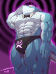 abs abstract_background anthro balls_outline biceps blue_body bow_tie bulge clothing detailed_bulge genital_outline gesture hypnosis hypnotic_clothing male mind_control muscular muscular_anthro muscular_male pecs salute scar simple_background solo speedo swimwear unagi_bukuro lifewonders live_a_hero isaribi fish marine shark 2021 digital_drawing_(artwork) digital_media_(artwork) hi_res