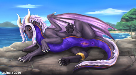 anus beach butt cliff feet female feral foot_fetish genitals grey_body hair hindpaw humanoid_genitalia island jewelry light lying lying_on_ground nature nude on_ground on_side outdoor_nudity outside pawpads paws presenting presenting_hindquarters presenting_vulva purple_body purple_hair raised_leg scenery sea solo spread_legs spreading sunlight vulva water wings lupinera european_mythology mythology dragon mythological_creature mythological_scalie scalie western_dragon hi_res painting_(artwork)