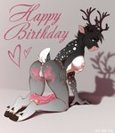 anthro antlers anus biped birthday_cake black_hair blue_eyes breasts butt cake cake_sitting cloven_hooves dessert female food food_fetish food_on_butt food_play fur genitals grey_body grey_fur hair happy_birthday heart_symbol hooves horn looking_at_viewer looking_back looking_back_at_viewer markings nipples pink_nose presenting presenting_hindquarters pussy shadow smile solo spots spotted_body spotted_fur hive43 deer mammal new_world_deer reindeer hi_res