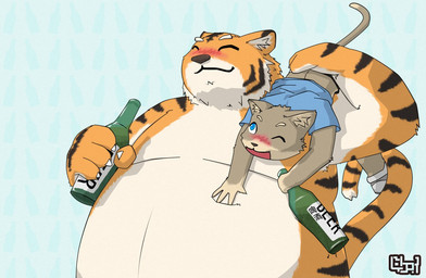 alcohol anthro beer belly beverage blush carrying_another clothing drunk duo eyes_closed humanoid_hands kemono male overweight overweight_male shirt substance_intoxication topwear doon domestic_cat felid feline felis mammal pantherine tiger 2010