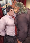 anthro beard bodily_fluids duo facial_hair fur male male/male muscular muscular_anthro muscular_male sweat window youzora_samo18 lifewonders tokyo_afterschool_summoners arsalan_(tas) zabaniyya_(tas) angel felid human lion mammal pantherine hi_res