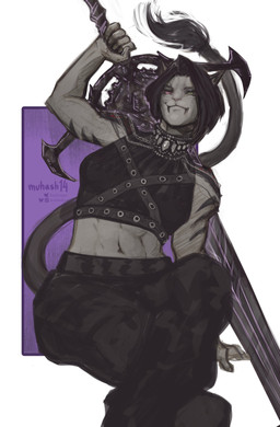 abs anthro arm_support athletic athletic_anthro athletic_female big_sword black_body black_clothing black_fur black_hair bottomwear clothed clothing crossed_legs eyebrows eyelashes fangs female fur grey_eyes grey_sclera hair heterochromia holding_melee_weapon holding_object holding_sword holding_weapon jewelry melee_weapon midriff muscular muscular_female navel necklace pants philtrum pose purple_eyes purple_sclera sharp_teeth simple_background sitting solo striped_body striped_fur stripes sword tail tail_tuft teeth topwear tuft weapon muhash14 final_fantasy final_fantasy_xiv square_enix dark_knight_(final_fantasy) felid hrothgar mammal 2025 absurd_res hi_res pinup portrait signature three-quarter_portrait