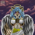 abs anthro big_breasts blue_hair breasts clothing ear_piercing ear_ring female fur gold_(metal) gold_jewelry hair halo huge_breasts jewelry muscular muscular_anthro navel navel_piercing piercing ring_piercing smile solo tail topwear wings zardoseus alyk_(zardoseus) angel canid canine fox mammal 1:1 2023 digital_media_(artwork) hi_res