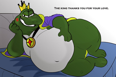 anthro bed bedroom_eyes blush blush_lines cloak cloak_only clothed clothing crown crown_only furniture headgear headgear_only jewelry kiss_mark lying male mostly_nude narrowed_eyes necklace necklace_only nude on_bed on_side overweight overweight_anthro overweight_male partially_clothed seductive solo text rinhatsuyuki mario_bros nintendo wart_(mario) amphibian frog 3:2 english_text hi_res
