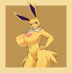 2017 anthro anthrofied areola big_breasts breasts eeveelution featureless_crotch female generation_1_pokemon hand_on_hip hi_res huge_breasts jolteon lipstick long_ears makeup marrazan nintendo nipples nude pokemon pokemon_(species) pokemorph purple_eyes simple_background small_waist smile solo thick_thighs wide_hips