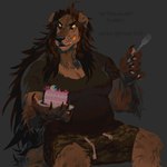 anthro bottomwear brown_body brown_fur brown_hair cake claws clothing cutlery dessert female finger_claws food fork fur grey_background hair holding_fork kitchen_utensils long_hair plate platter shirt shorts simple_background solo tools topwear yellow_eyes 4g9rqoo canid canine canis domestic_dog mammal 1:1 hi_res