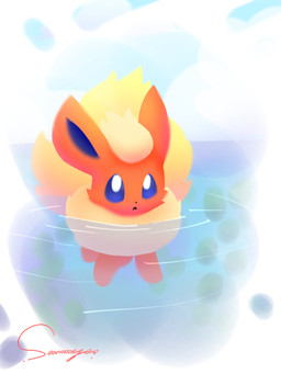 ambiguous_gender big_tail blue_eyes blue_inner_ear cloud feral fur looking_at_viewer neck_tuft open_mouth orange_body orange_ears orange_fur sea sky solo swimming tail tuft water yellow_body yellow_fur yellow_tail conditional_dnp xammyxx nintendo pokemon eeveelution flareon generation_1_pokemon pokemon_(species) 2026 3:4 digital_media_(artwork) english_description hi_res ibispaint_(artwork) lineless shaded signature watermark