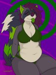 anthro belly big_tail bikini breasts clothed clothing female fluffy green_eyes green_tongue hypnosis hypnotic_eyes inner_ear_fluff mind_control pattern_background simple_background sitting slightly_chubby slightly_chubby_female swimwear tail tongue tuft two-piece_swimsuit hawkward_(artist) dezyraccoon mammal procyonid raccoon absurd_res hi_res