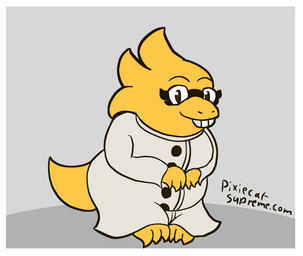anthro border clothed clothing coat eyewear female glasses lab_coat slightly_chubby slightly_chubby_anthro slightly_chubby_female smile smiling_at_viewer solo standing tail teeth_showing topwear wearing_glasses white_border yellow_body pixiecatsupreme undertale undertale_(series) alphys boss_monster_(undertale) lizard reptile scalie hi_res