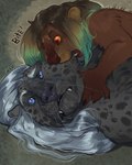 bite blue_eyes brown_body brown_fur duo fur grey_body grey_fur orange_sclera red_eyes fossa666 bagheera_(fursona) euplerid felid fossa leopard mammal pantherine 2021 digital_media_(artwork) hi_res