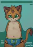 anthro boxer_briefs brown_body brown_fur bulge clothed clothing fur green_eyes looking_at_viewer male navel nipples shota slightly_chubby solo topless underwear young young_anthro zeetar domestic_cat felid feline felis mammal hi_res signature