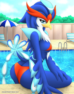 anthro beach_chair beak big_butt bikini blue_body blue_eyes breasts butt butt_cleavage clothing feathers female looking_at_viewer outside plant pool poolside public_pool raised_tail sitting solo swimming_pool swimwear tail tree two-piece_swimsuit umbrella water wet white_body wings diamondstorm nintendo pokemon avian generation_9_pokemon pokemon_(species) quaquaval absurd_res hi_res
