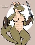 anthro breasts casual_exposure clothing female fingerless_gloves front_view gloves gloves_only green_body green_scales handwear handwear_only holding_melee_weapon holding_object holding_shield holding_sword holding_weapon horn melee_weapon mostly_nude nipples scales shield solo sword weapon dubindore microsoft the_elder_scrolls argonian scalie 2023 absurd_res hi_res portrait three-quarter_portrait