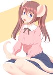 abstract_background anthro biped bottomwear brown_hair clothed clothing female hair holding_tail kemono light_body light_skin long_hair looking_at_viewer open_mouth pigtails pink_nose purple_eyes rosy_cheeks sitting skirt smile snout solo tail tan_body tan_skin tongue roina mammal murid murine rat rodent