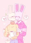 2023 anthro bunonthemoon clothing duo fur hi_res hoodie lagomorph leporid male mammal pink_body pink_clothing pink_fur pink_hoodie pink_topwear rabbit romantic romantic_couple slim_anthro slim_male sweater topwear yellow_body yellow_clothing yellow_fur yellow_sweater yellow_topwear