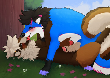 animal_genitalia animal_penis ball_tuft balls big_balls big_sheath blush canine_genitalia canine_penis detailed_background ear_piercing erection fluffy_mane genitals kissing licking long_tail magenta_highlights nose_to_nose paws penis penis_poking_out penis_tip piercing pink_penis pink_penis_tip red_penis red_penis_tip sheath standing_over tail tan_sheath tongue tuft white_sheath yellow_sclera nauticalcanine cobalt_(texiefox) kita_tanuki canid canine canis mammal raccoon_dog tanuki wolf detailed hi_res