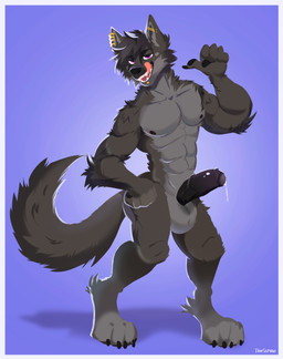 4_toes 5_fingers abs anthro arm_tuft athletic athletic_anthro athletic_male balls big_balls black_body black_claws black_fur black_hair black_nipples black_nose black_penis bodily_fluids border cheek_tuft claws countershading ear_piercing elbow_tuft erection facial_piercing facial_tuft feet fingers fist fluffy foreskin fur genital_fluids genitals gesture gloves_(marking) grey_balls grey_body grey_fur hair half-erect hand_gesture humanoid_genitalia humanoid_penis industrial_piercing leg_markings licking looking_at_viewer male markings muscular muscular_anthro muscular_male neck_tuft nipples nude open_mouth partially_retracted_foreskin penis piercing pointing pointing_at_self pose precum purple_background purple_eyes self_lick simple_background smile smirk socks_(marking) solo standing text toes tongue tongue_out tuft white_border thescraw edugta_(character) canid canine canis mammal wolf 2022 absurd_res artist_name digital_media_(artwork) hi_res signature