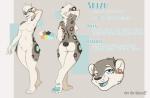 anthro black_nose blue_eyes breasts butt female fur hair looking_at_viewer markings nude simple_background smile solo spots spotted_body spotted_fur standing text white_body white_fur skizu skizu_(character) felid hybrid mammal pantherine snow_leopard 2017 absurd_res digital_media_(artwork) english_text hi_res model_sheet