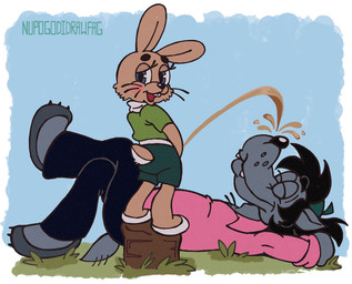 anthro bodily_fluids duo genital_fluids looking_at_viewer lying male male/male on_back outside standing urine nupogodidrawfag soyuzmultfilm well_just_you_wait! volk_(wjyw) zayats_(wjyw) canid canine canis hare lagomorph leporid mammal rabbit wolf