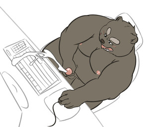 anthro belly black_body black_fur computer electronics fur genitals humanoid_genitalia humanoid_penis kemono male masturbation moobs navel nipples overweight overweight_anthro overweight_male penile penile_masturbation penis sitting solo tongue tongue_out k_gutless bear mammal 2020 5:4 hi_res