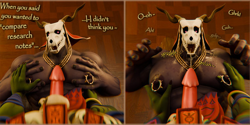 anthro bodily_fluids bone bottomwear clothed clothing dialogue drinking drinking_urine duo first_person_view genital_fluids genitals horn jewelry loincloth male male/male muscular muscular_male necklace nipple_piercing nipples onomatopoeia oral partially_clothed pecjob pecs peeing peeing_in_mouth penis piercing sex skull skull_head sound_effects surprised swallowing_sound_effect text two_panel_image urine urine_in_mouth watersports potatotime briganfi_(modeler) chiefkaine_(modeler) terraria the_ancient_magus'_bride elias_ainsworth witch_doctor_(terraria) demon lihzahrd monster scalie 3d_(artwork) absurd_res blender_(artwork) digital_media_(artwork) english_text hi_res watermark